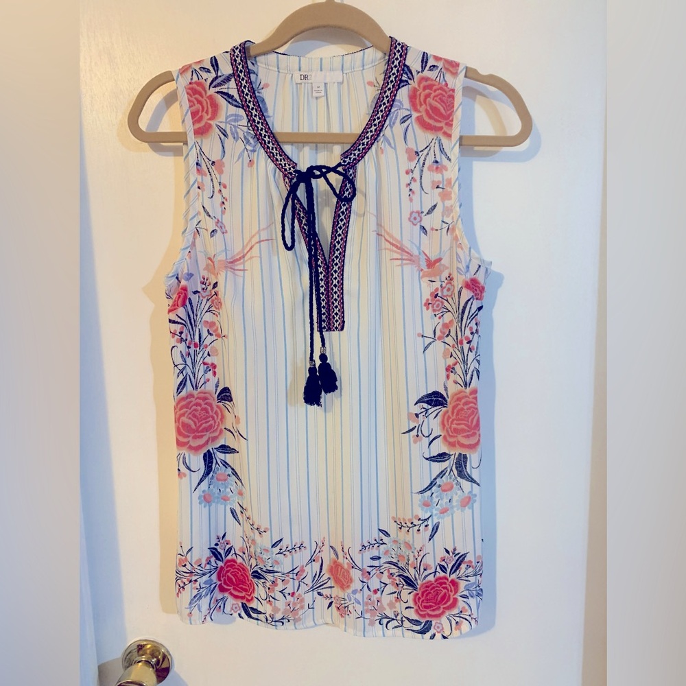 Nice blue striped and floral sleeveless top. Size M.